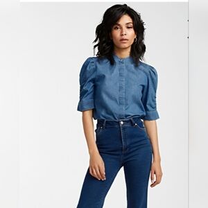 Officer-Collar Denim Blouse